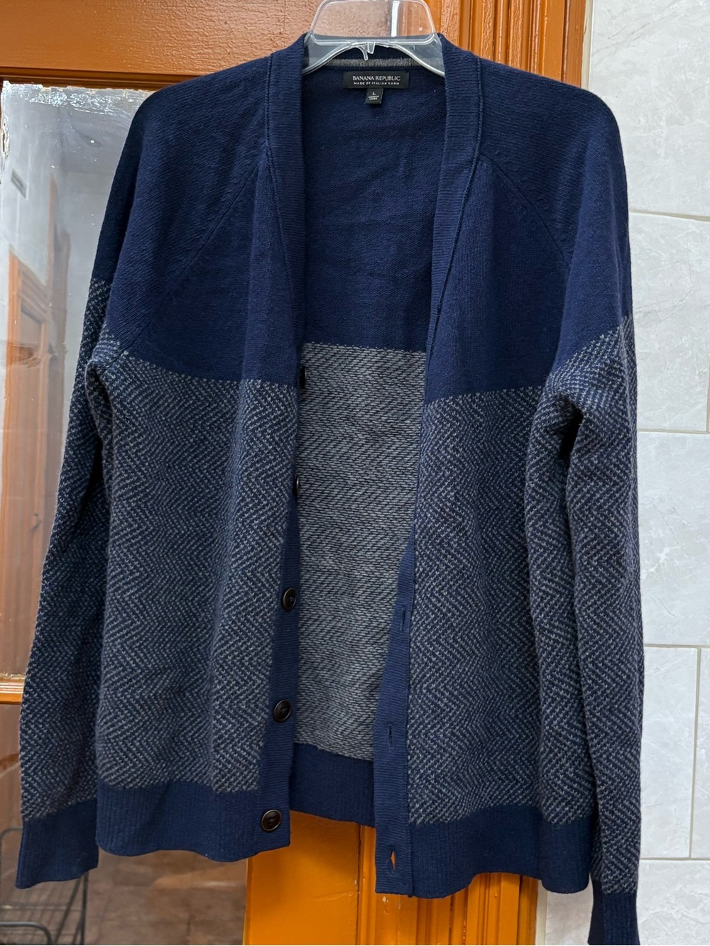 Banana Republic Navy and Heather Gray Men's Cardigan Sweater
